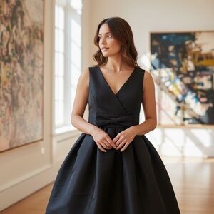 Just...Taylor Elegant Black V-Neck Midi Dress with Waist Bow